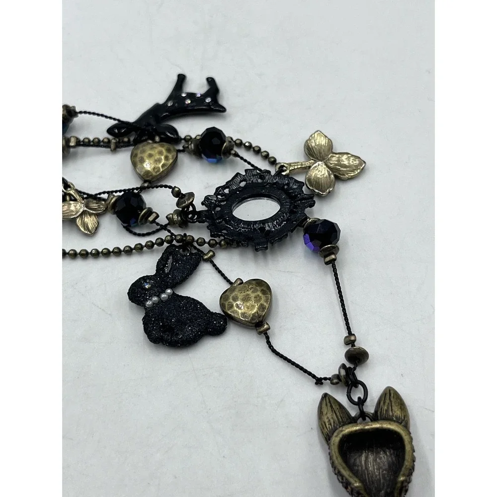 Betsey Johnson Dark‎ Forest Triple Strand Gunmetal Necklace Fox Rabbit Charms
